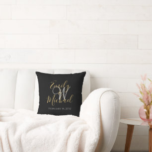 Elegant Black Gold Script Monogram Initial Wedding Cushion