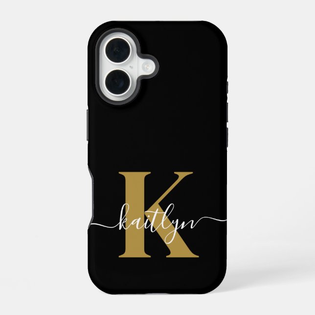 Elegant Black Gold Script Monogram iPhone 16 Case (Back)