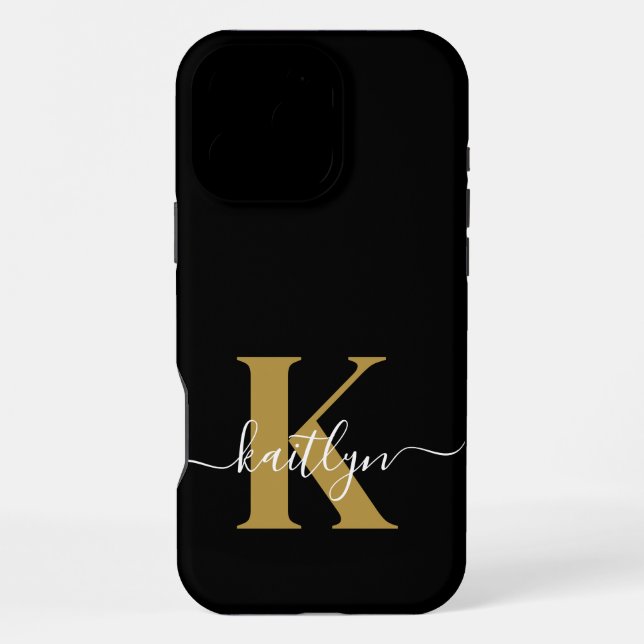 Elegant Black Gold Script Monogram iPhone Case (Back)