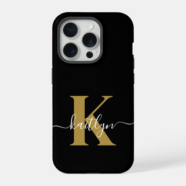 Elegant Black Gold Script Monogram iPhone Case (Back)