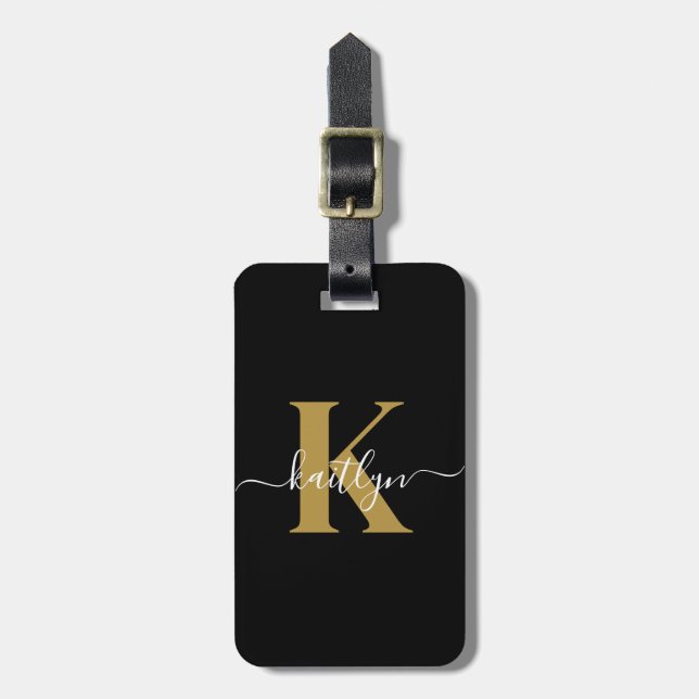 Elegant Black Gold Script Monogram Luggage Tag (Front Vertical)