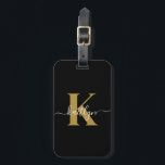 Elegant Black Gold Script Monogram Luggage Tag<br><div class="desc">This simple, elegant black luggage tag with your first name in a trendy script font in white typed over your first initial in a modern cap font in gold on one side and a slide in card for your name, address and phone number on the other would look fabulous on...</div>