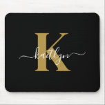 Elegant Black Gold Script Monogram Mouse Pad<br><div class="desc">This simple,  elegant black mousepad with your first name in a trendy script font in white typed over your first initial in a modern cap font in gold is perfect for your office/desk.  It's stylish and trendy and yet very classic.</div>