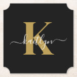 Elegant Black Gold Script Monogram Paper Coaster<br><div class="desc">These simple, elegant black ticket shaped paper coasters with your first name in a trendy script font in white typed over your first initial in a modern cap font in gold are perfect for keeping your tables and counters free from water rings. They absorb droplets so you don't have to...</div>