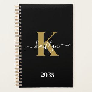 Elegant Black Gold Script Monogram Planner