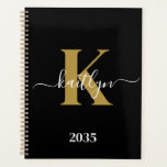 Elegant Black Gold Script Monogram Planner<br><div class="desc">This simple, elegant black 8.5 x 11 soft planner with your first name in a trendy script font in white typed over your first initial in a modern cap font in gold is perfect for you. It's stylish and trendy and yet very classic. It will make keeping appointments, meetings, deadlines,...</div>