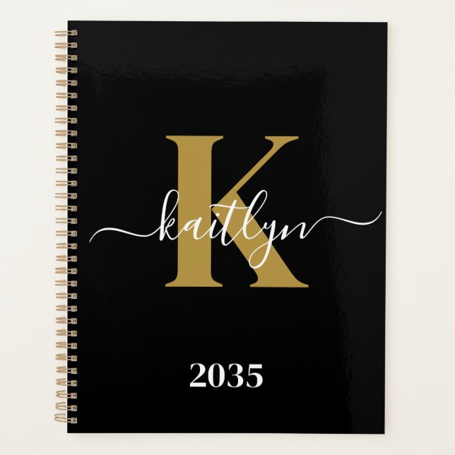 Elegant Black Gold Script Monogram Planner (Front)