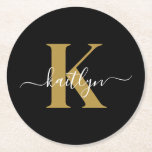 Elegant Black Gold Script Monogram Round Paper Coaster<br><div class="desc">These simple, elegant black round paper coasters with your first name in a trendy script font in white typed over your first initial in a modern cap font in gold are perfect for keeping your tables and counters free from water rings. They absorb droplets so you don't have to worry...</div>