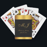 Elegant Black Gold Script Monogram Wedding Playing Cards<br><div class="desc">These elegant custom playing cards for newlyweds feature an elegant faux gold calligraphy script for your monogrammed initials,  names,  and wedding date to personalise on a simple black background with faux gold border. Best of wishes for your marriage! Designed by Susan Coffey.</div>