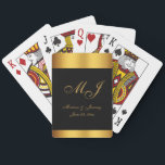 Elegant Black Gold Script Monogram Wedding Playing Cards<br><div class="desc">These elegant custom playing cards for newlyweds feature an elegant faux gold calligraphy script for your monogrammed initials,  names,  and wedding date to personalise on a simple black background with faux gold border. Best of wishes for your marriage! Designed by Susan Coffey.</div>