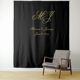 Elegant Black Gold Script Monogram Wedding Tapestry
