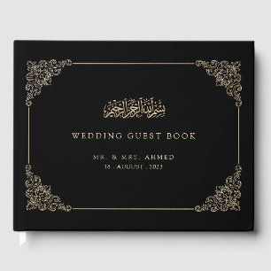 Elegant Black Gold Script Muslim Wedding Guest Book