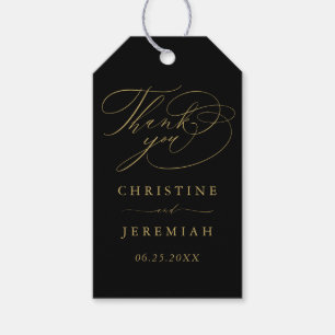Elegant Black Gold Script Names Wedding Thank You Gift Tags