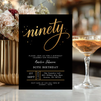 Elegant Black & Gold Script Ninety 90th Birthday Invitation