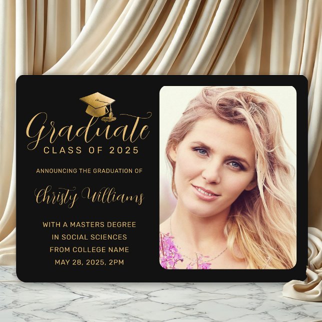 Elegant Black Gold Script Photo College Graduation Announcement (Black and Gold Photo Graduation Announcement for College Grads)