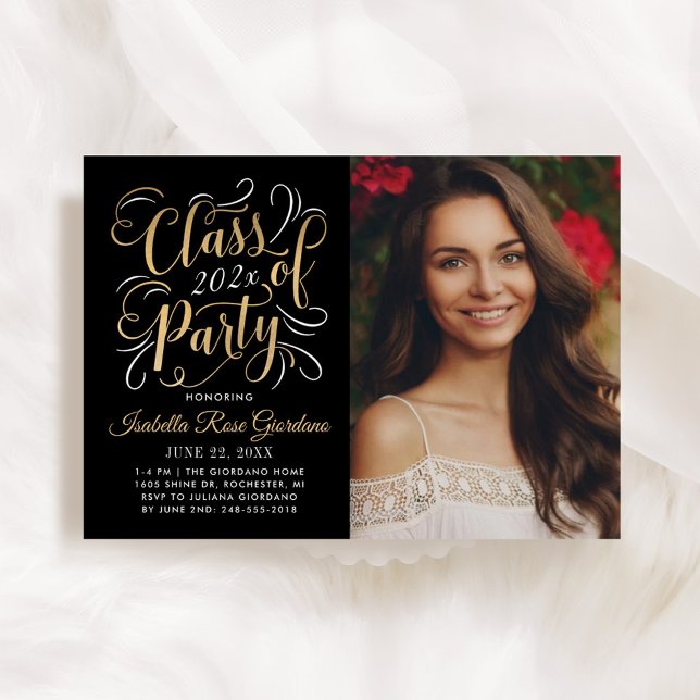 Elegant Black Gold Script Photo Graduation Party Invitation (Creator Uploaded)