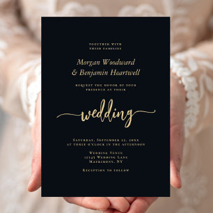 Elegant Black Gold Script QR Code Wedding Invitation