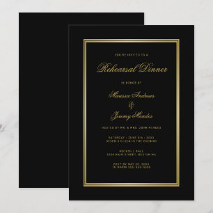 Elegant Black Gold Script Rehearsal Dinner Invitation