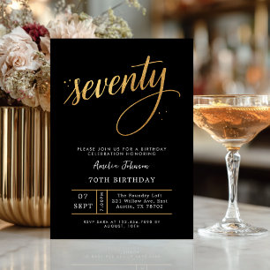Elegant Black & Gold Script Seventy 70th Birthday  Invitation