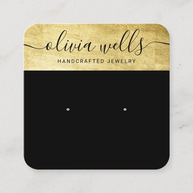 Elegant Black Gold Script Stud Earring Square Business Card (Front)
