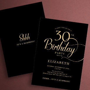 Elegant Black Gold Script Surprise 30th Birthday Invitation