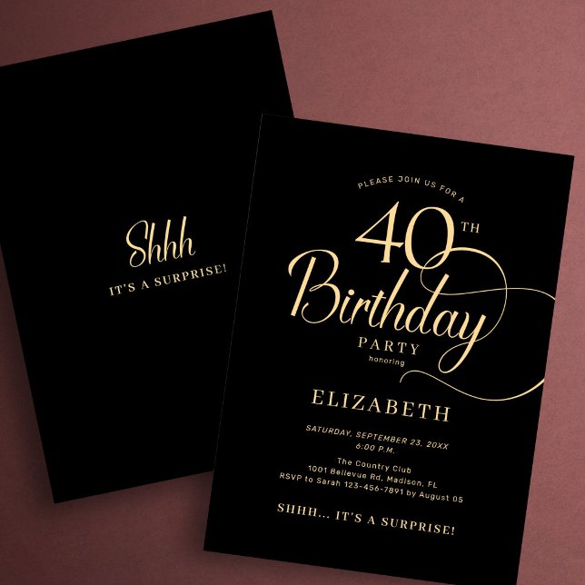Elegant Black Gold Script Surprise 40th Birthday Invitation (Creator Uploaded)