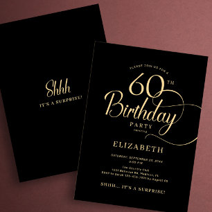 Elegant Black Gold Script Surprise 60th Birthday Invitation
