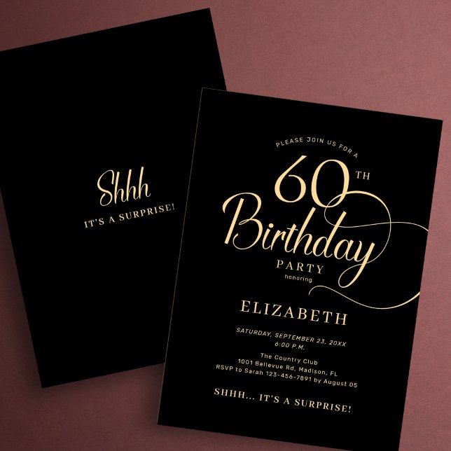 Elegant Black Gold Script Surprise 60th Birthday Invitation (Creator Uploaded)