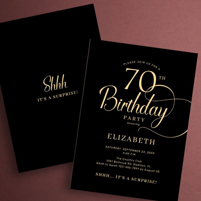 Elegant Black Gold Script Surprise 70th Birthday Invitation (Creator Uploaded)