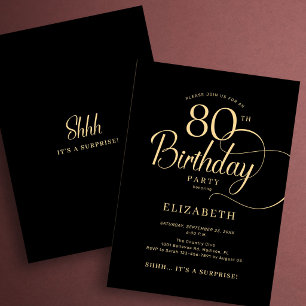 Elegant Black Gold Script Surprise 80th Birthday Invitation