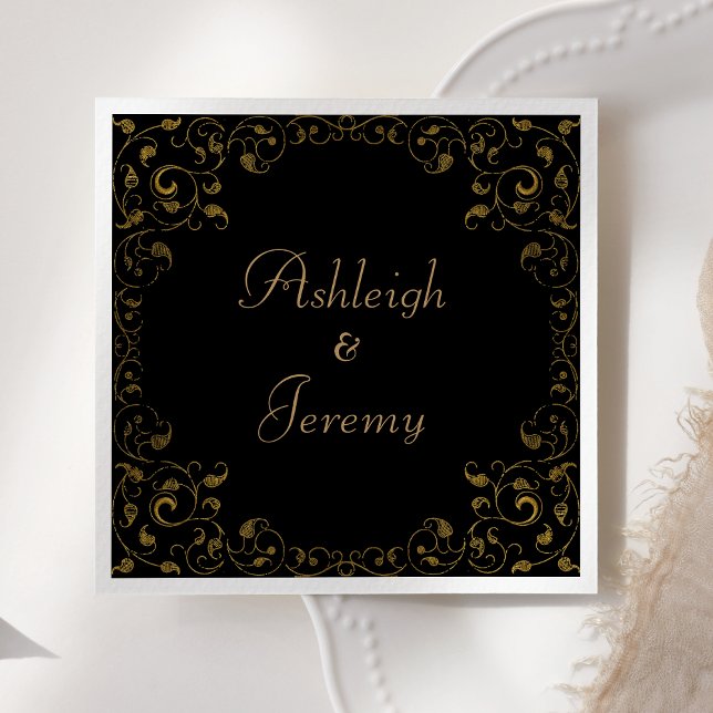 Elegant Black Gold Script Vintage Foliage Wedding Napkin (Creator Uploaded)