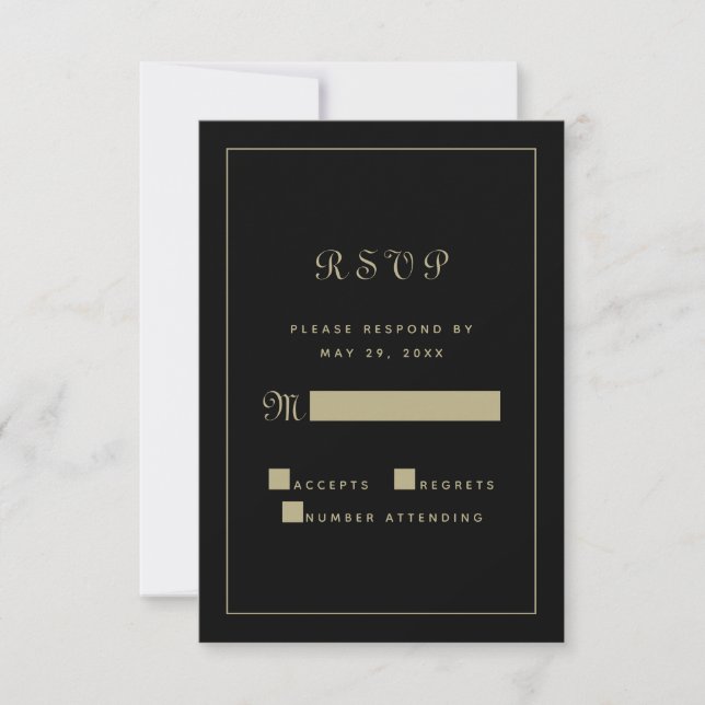 Elegant Black Gold Script Wedding Chic Enclosure RSVP Card (Front)