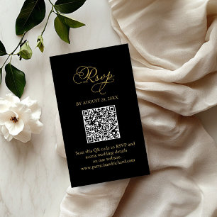 Elegant Black Gold Script Wedding QR RSVP Enclosure Card