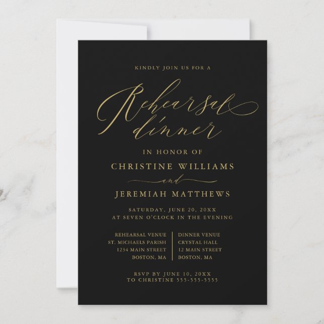 Elegant Black Gold Script Wedding Rehearsal Dinner Invitation (Front)