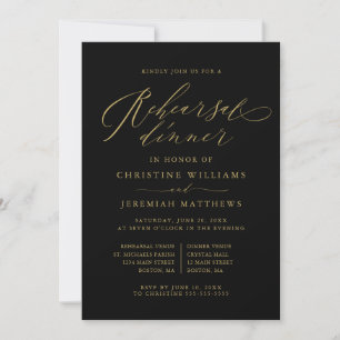 Elegant Black Gold Script Wedding Rehearsal Dinner Invitation