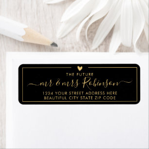 Elegant Black Gold Script Wedding Return Address
