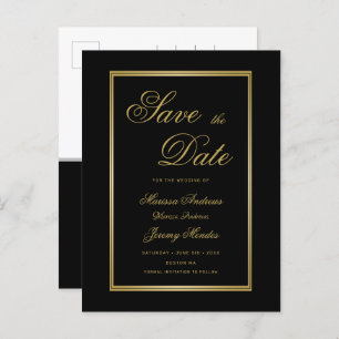 Elegant Black Gold Script Wedding Save the Date Announcement Postcard