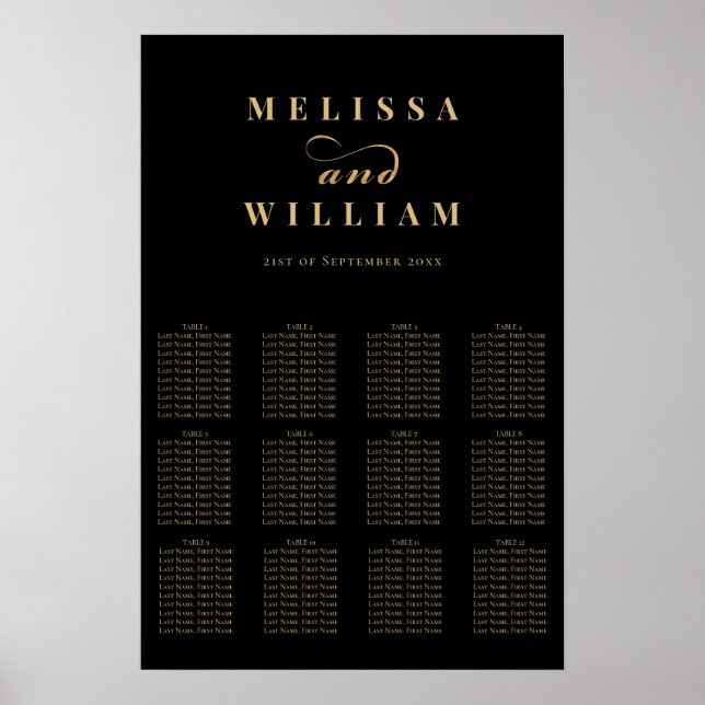 Elegant Black Gold Script Wedding Seating Chart (Front)