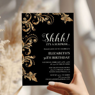 Elegant Black & Gold Shhh Surprise Party Birthday Invitation