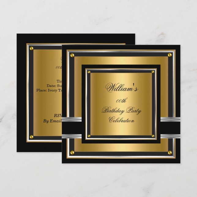 Elegant Black Gold Silver Birthday Party Mens boys Invitation (Front/Back)