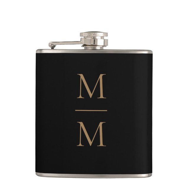 Elegant Black Gold Simple Classic Monogram Flask (Front)