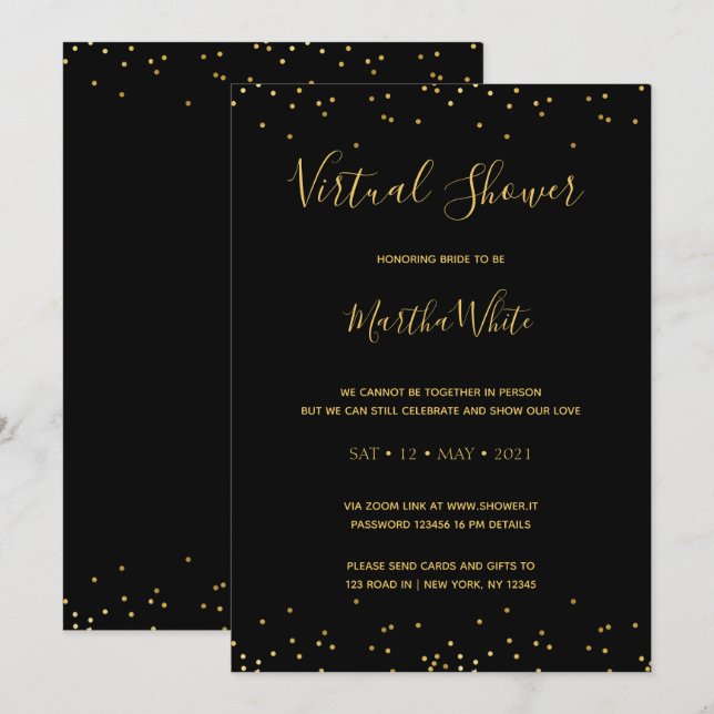 Elegant Black Gold Simple Virtual Bridal Shower Invitation (Front/Back)