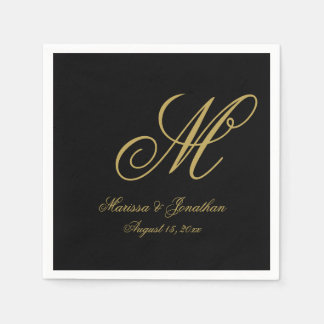 Elegant Black Gold Single Monogram Wedding Napkin
