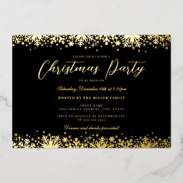 Elegant Black Gold Snowflake Christmas Party (Front)