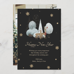 Elegant Black Gold Snowflake Reindeer New Year Holiday Card