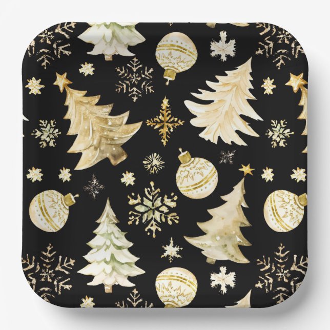 Elegant Black Gold Snowflakes Christmas Tree Balls Paper Plate (Front)