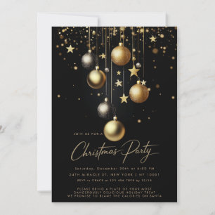Elegant Black Gold Sparkle Bauble Christmas Party Invitation