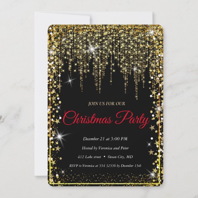 Elegant Black -Gold Sparkle Christmas Tree Invitation (Front)