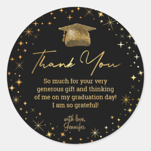 Elegant Black & Gold Sparkle Graduation Thank You Classic Round Sticker