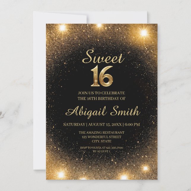 Elegant Black & Gold Sparkle Sweet 16 Invitation  (Front)